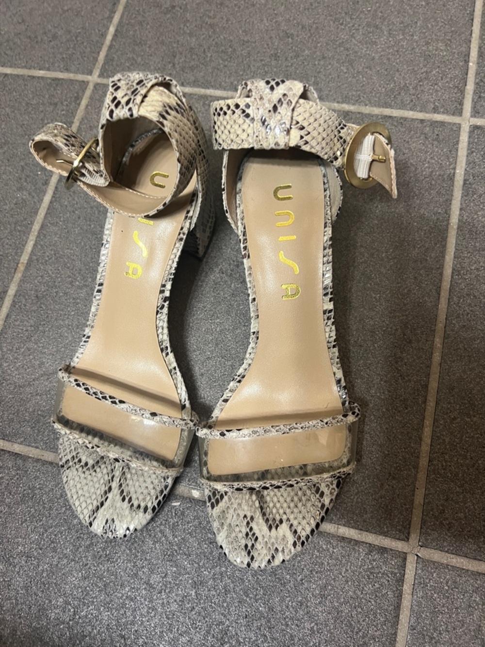Unisa Snake-Print Ankle Strap Block Heel Sandals - Beige/Black Sz 8.5